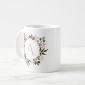 Roze Bloemencirkel Lijst Monogram Bewerkbaar Initi Koffiemok (Voorkant links)
