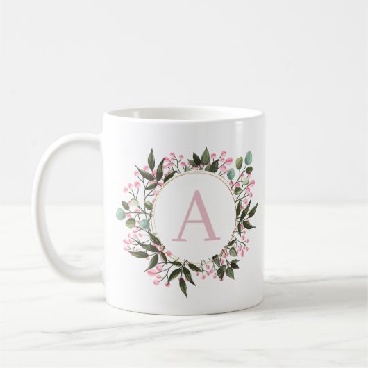 Roze Bloemencirkel Lijst Monogram Bewerkbaar Initi Koffiemok (Links)