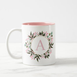 Roze Bloemencirkel Lijst Monogram Bewerkbaar Initi Tweekleurige Koffiemok