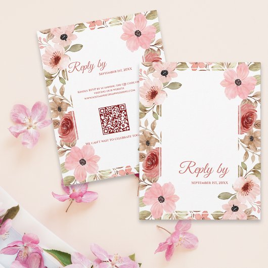 Roze Bloemencode QR Code Huwelijksreactie Door RSVP Kaartje