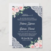 Roze Bloemend Kantwerk Navyblauwe QR Code Moslim H Kaart (Voorkant)