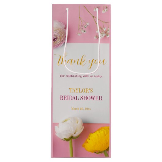 Roze Bloemendecor Bruidsdouche Wijn Cadeautas (Voorkant)