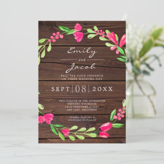 Roze bloemendecoratie donkerbruin rustiek hout lan aankondiging (Staand voorkant)