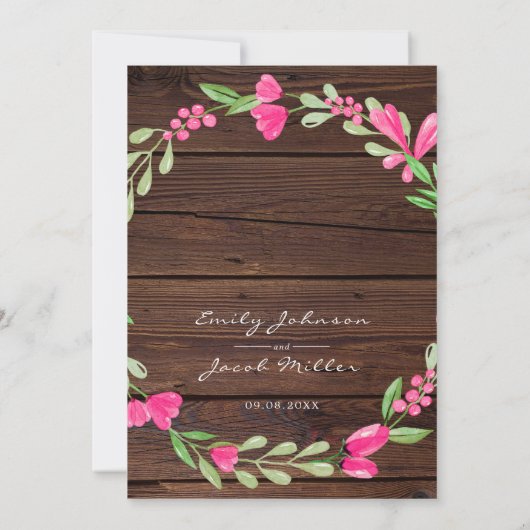 Roze bloemendecoratie donkerbruin rustiek hout lan aankondiging (Achterkant)