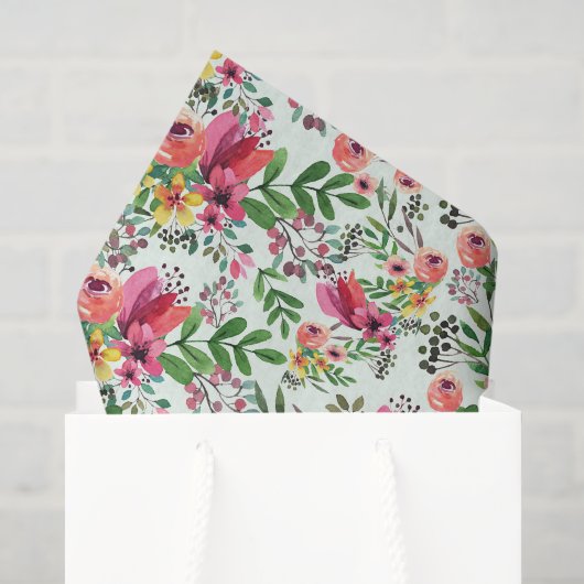 Roze bloemendecoupe tissuepapier, groene botanisch tissuepapier (Cadeauzakje)