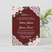 Roze Bloemendetail Kant Roze QR Code Moslim Trouwf Kaart (Staand voorkant)