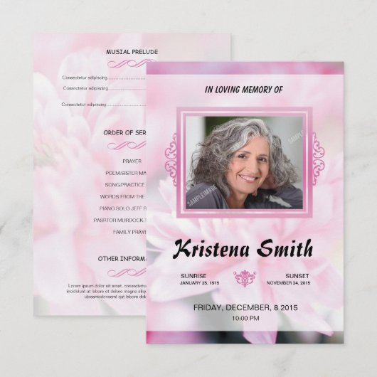 Roze bloemendienst programmakaart sjabloon kaart (Voorkant / Achterkant)