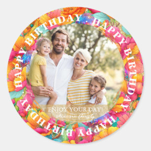 Roze Bloemendiscobal Gelukkige Verjaardag Aangepas Ronde Sticker