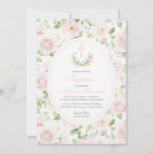 Roze bloemendoop uitnodiging, Meisje Doop, Kaart