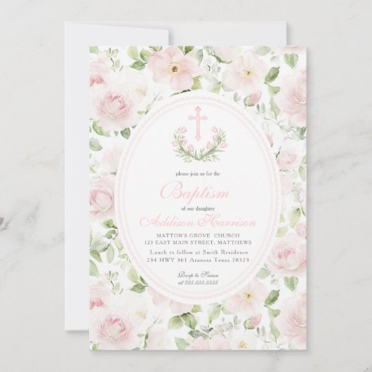 Roze bloemendoop uitnodiging, Meisje Doop, Kaart (Voorkant)