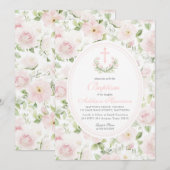 Roze bloemendoop uitnodiging, Meisje Doop, Kaart (Voorkant / Achterkant)