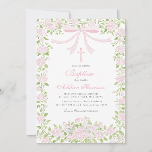 Roze bloemendoop uitnodiging, Meisje Doop,  Kaart (Voorkant)