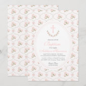 Roze bloemendoop uitnodiging, Meisje Doop, Kaart (Voorkant / Achterkant)