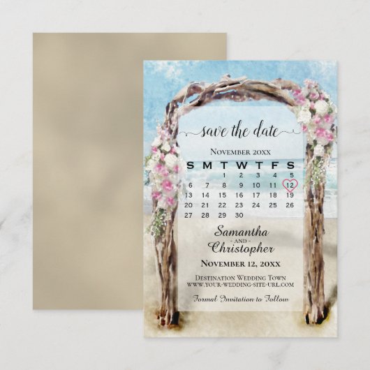 Roze Bloemendriftstrandprieel Bruiloftskalender Save The Date (Voorkant / Achterkant)