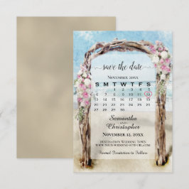 Roze bloemendriftwood strandprieel kalender bruilo save the date