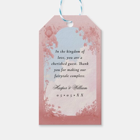 Roze bloemendromerige wolken bruiloft cadeaulabel (Voorkant)