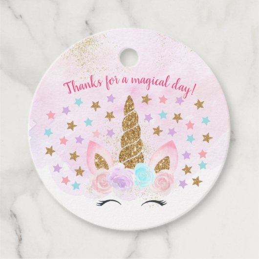 Roze bloemeneenhoorn magische verjaardag bedankjes labels (Voorkant)