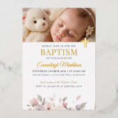 Roze bloemenelegantie met foto en kruisdoop folie uitnodiging (Voorkant)