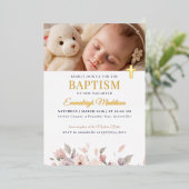 Roze bloemenelegantie met foto en kruisdoop folie uitnodiging (Staand Voorkant)