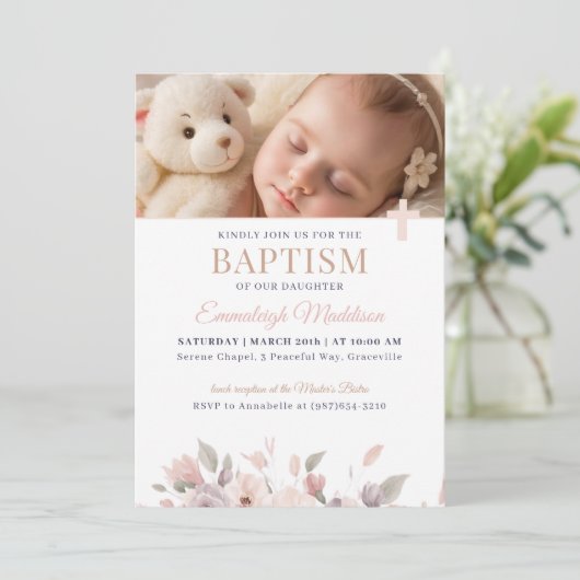 Roze bloemenelegantie met foto en kruisdoop kaart (Staand voorkant)