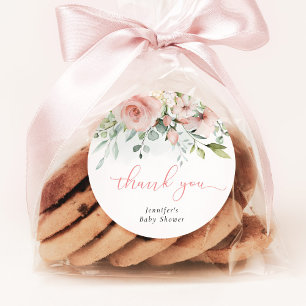 Roze bloemeneucalyptus baby meisje douche dank u ronde sticker