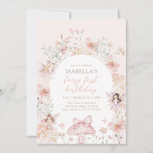 Roze Bloemenfee Eerste Verjaardag Kaart (Voorkant)