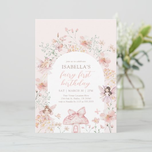 Roze Bloemenfee Eerste Verjaardag Kaart (Staand voorkant)