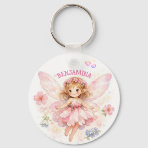 Roze Bloemenfee met Aangepaste Naam en Inspiratie Sleutelhanger