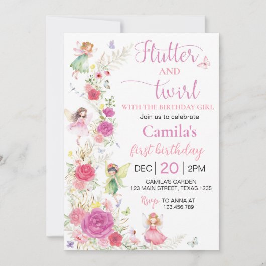 Roze Bloemenfee Verjaardag Kaart (Voorkant)