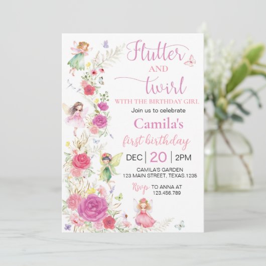 Roze Bloemenfee Verjaardag Kaart (Staand voorkant)