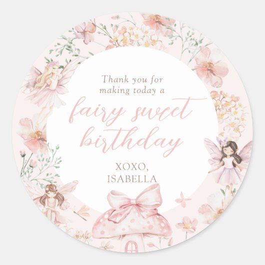 Roze Bloemenfee Verjaardag Ronde Sticker (Voorkant)