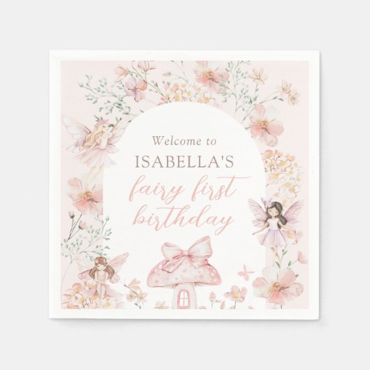 Roze Bloemenfee Verjaardag Servet (Voorkant)