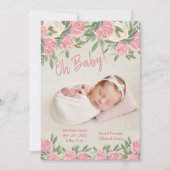 Roze bloemenfoto Oh baby-script geboorte Aankondiging (Voorkant)