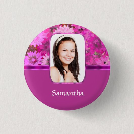 Roze bloemenfoto sjabloon ronde button 3,2 cm (Voorkant)