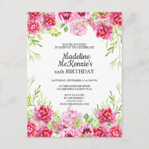 Roze bloemengeboortepartijuitnodiging briefkaart