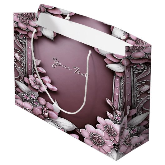 Roze bloemengeschenkzak groot cadeauzakje (Achterkant Gekanteld)