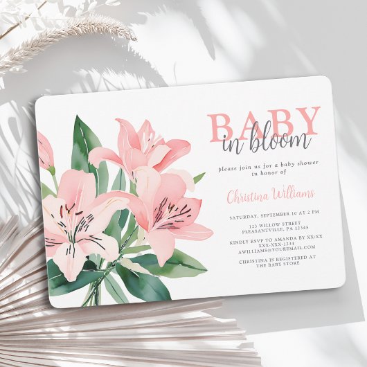 Roze bloemengestalte baby shower uitnodiging voor