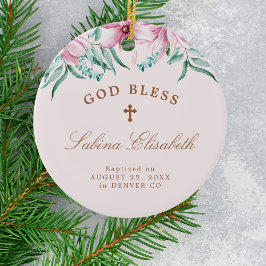Roze bloemengestalte doop meisje gepersonaliseerd  keramisch ornament