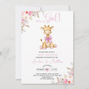 Roze bloemengiraffe meisje babyshower uitnodiging. kaart