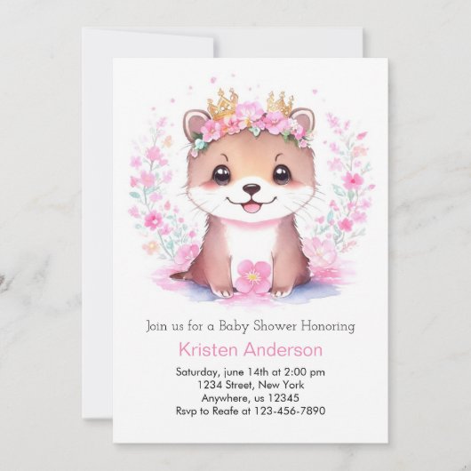 Roze Bloemengirlanden Otter Meisje Baby Shower Kaart (Voorkant)