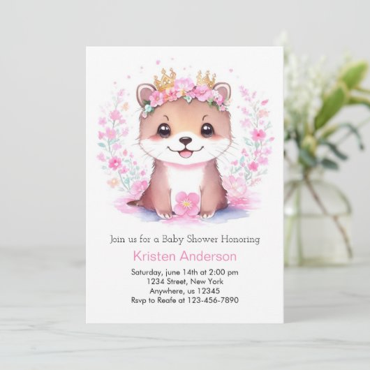 Roze Bloemengirlanden Otter Meisje Baby Shower Kaart (Staand voorkant)