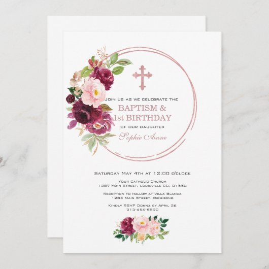 Roze Bloemengoud 1e Verjaardag & Doop Kaart (Voorkant / Achterkant)