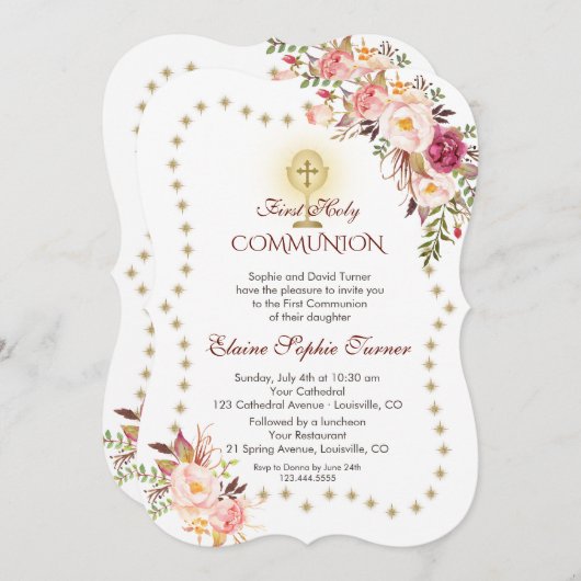 Roze Bloemengoud Glitter Fonkelende Heilige Commun Kaart (Voorkant / Achterkant)