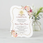 Roze Bloemengoud Glitter Fonkelende Heilige Commun Kaart (Staand voorkant)