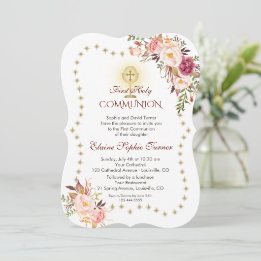 Roze Bloemengoud Glitter Fonkelende Heilige Commun Kaart (Staand voorkant)