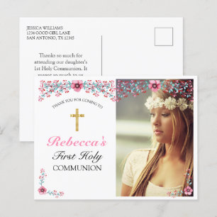 Roze Bloemengoud Kruis Eerste Communie Dankjewel Briefkaart
