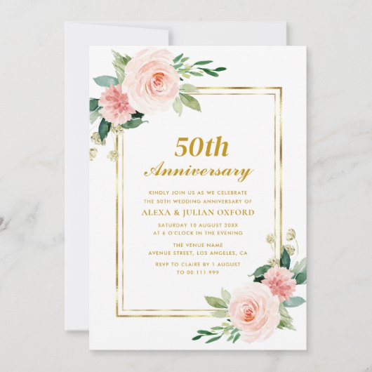 Roze Bloemengoud lijst 50ste verjaardag bruiloft Kaart (Voorkant)