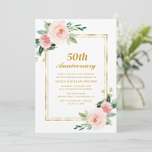 Roze Bloemengoud lijst 50ste verjaardag bruiloft Kaart (Staand voorkant)