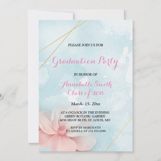 Roze bloemengoud lijst blauw water Graduation Part Kaart (Voorkant)