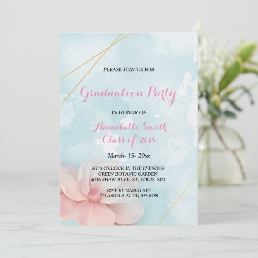Roze bloemengoud lijst blauw water Graduation Part Kaart (Staand voorkant)